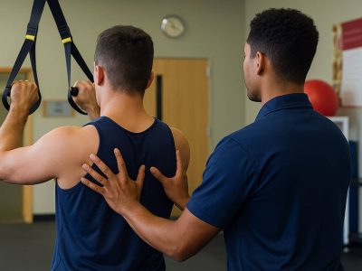 chiropractor helping posture using trx row in gym