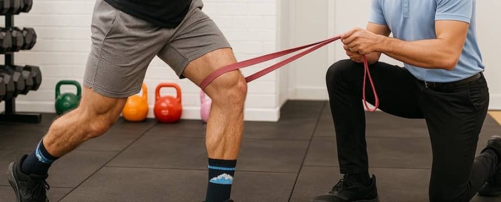 chiropractor holding band around athlete knee for sports rehab