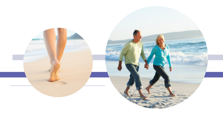 feet and couple walking on the beach