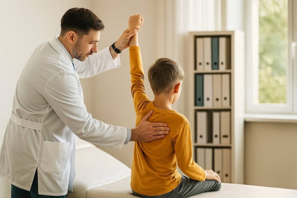 chiropractor checking kid shoulder blade