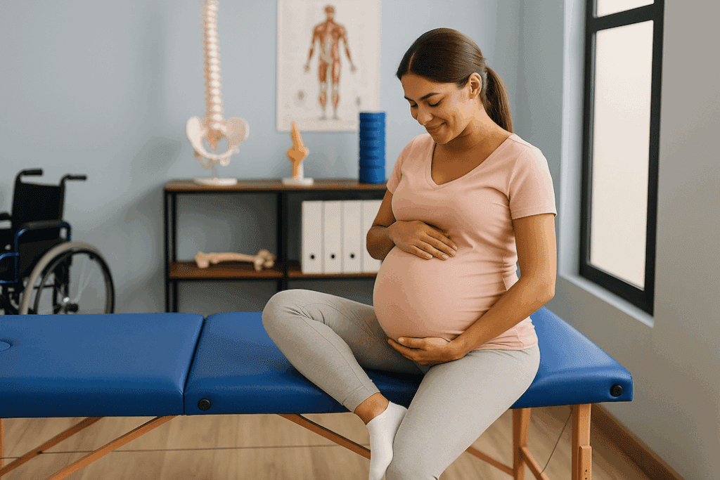 pregnant lady sitting on edge of chiropractor bed