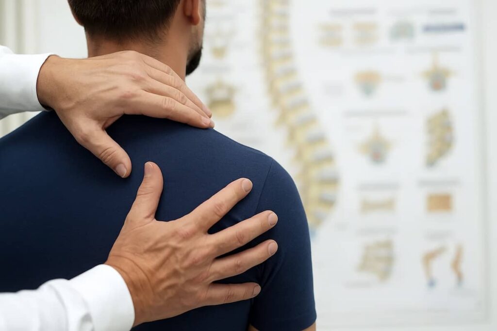 Chiropractor massaging rear shoulder