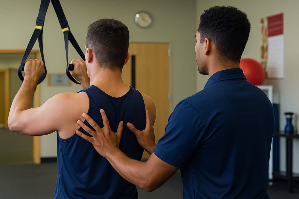 chiropractor helping posture using trx row in gym