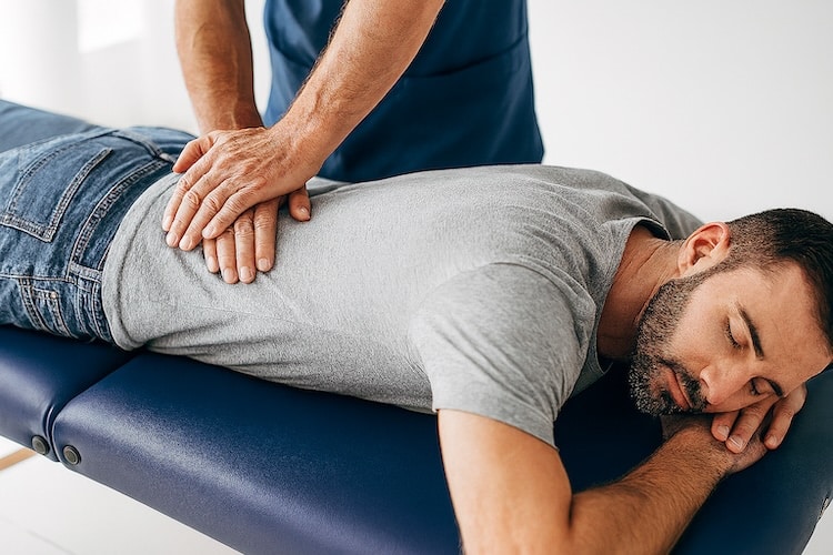man getting chiropractic adjustment on his lowerback
