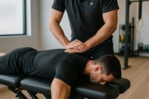 man getting adjustment from chiropractor in gym