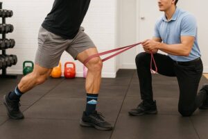 chiropractor holding band around athlete knee for sports rehab
