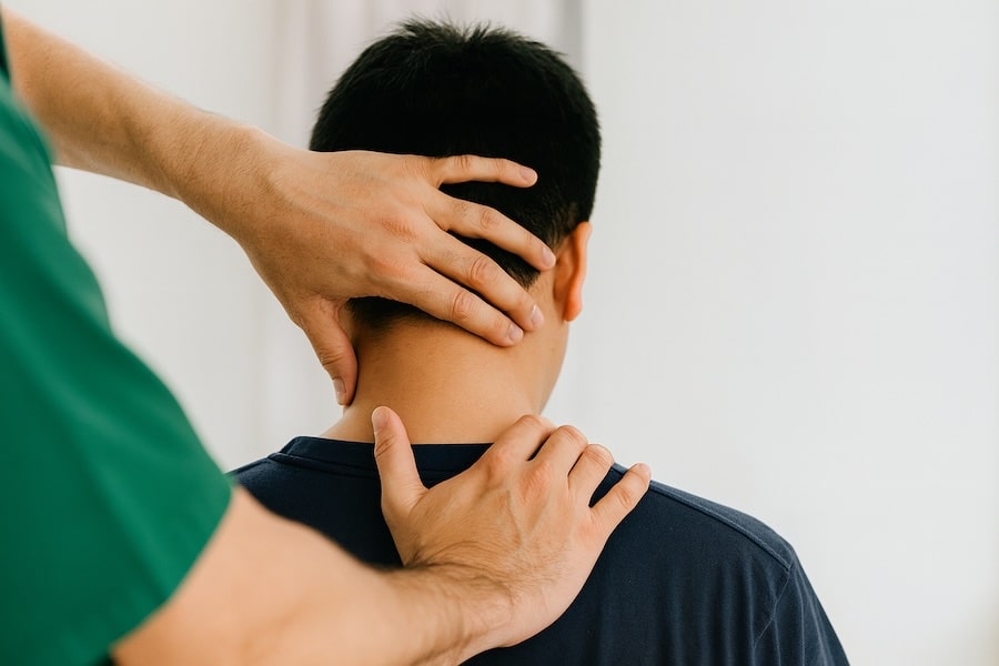 Male patient receiving cervical spine chiropractic assessment
