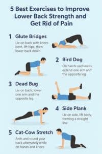 infographic explaining the best exercises to improve lower back strength and reduce lower back pain