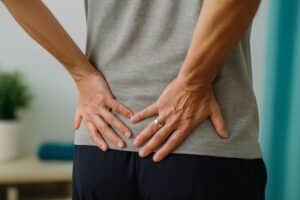 individual experiencing sciatica discomfort, holding lower back