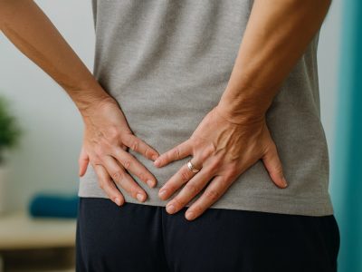 individual experiencing sciatica discomfort, holding lower back