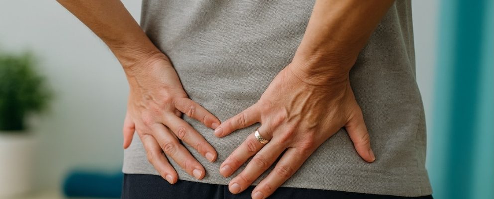 individual experiencing sciatica discomfort, holding lower back