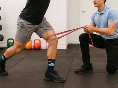 chiropractor holding band around athlete knee for sports rehab